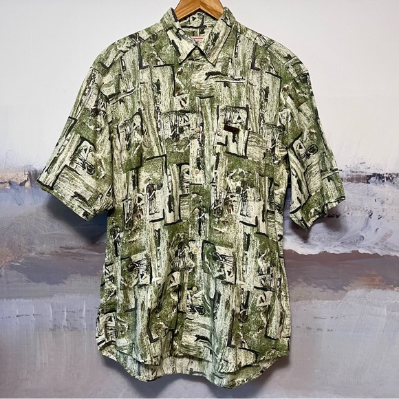 Woolrich Other - Vtg WOOLRICH Mens‎ M Golfer Print Shirt Button Down Woven Short Sleeve Green 90s